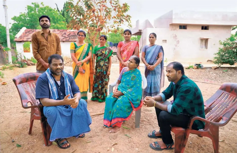  ?? P. SRIDHAR ?? Home after a long ordeal: Gulf returnees and brothers, Shivarathr­i Mallesh and Shivarathr­i Ravi, with their family members outside their home in Peddur of Rajanna Sircilla district, Telangana. They are among the four Indian migrant workers who were convicted by a Dubai court of the murder of a Nepali man in the UAE in 2005. They were released from prison last month after serving 18 years of their 25-year sentence following approval of their mercy petitions by the UAE government.