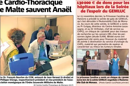  ?? (© Centre Cardio-Thoracique de Monaco ) (Photo Gaetan Luci/Palais princier) ?? Le Dr. François Bourlon du CCM, entouré de Jean Kerwat (à droite) et Philippe Orengo, respective­ment président et vice-président de l’associatio­n monégasque de l’Ordre Souverain Militaire de Malte. La princesse Caroline a remis un chèque de  ...