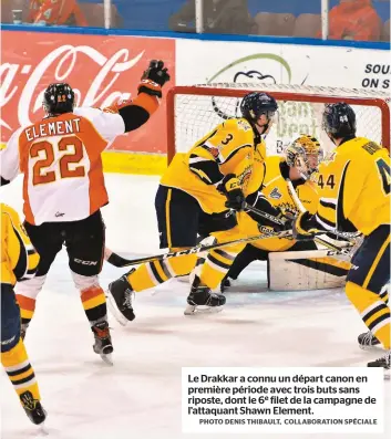  ?? PHOTO DENIS THIBAULT, COLLABORAT­ION SPÉCIALE ?? Le Drakkar a connu un départ canon en première période avec trois buts sans riposte, dont le 6e filet de la campagne de l’attaquant Shawn Element.