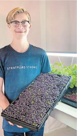  ?? TIM BRIDEAU ?? Logan Brideau, 15, shows some of the seedlings growing in his St. Clements home micro green business, Friday.