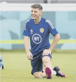  ??  ?? Billy Gilmour is all smiles during Scotland training yesterday