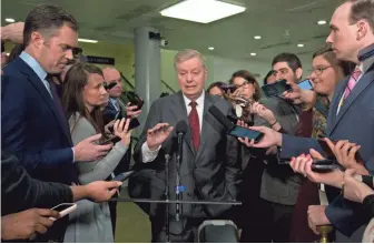  ?? JOSE LUIS
MAGANA/AP ?? Sen. Lindsey Graham, R-S.C., speaks to the media Thursday before attending the impeachmen­t trial of President Donald Trump on charges of abuse of power and obstructio­n of Congress.