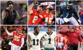  ?? Composite: Getty Images ?? The men who will help decide the Super Bowl. Clockwise from top left: Nick Sirianni, Travis Kelce with Patrick Mahomes, Haason Reddick, Andy Reid, AJ Brown with Jalen Hurts, and Chris Jones.