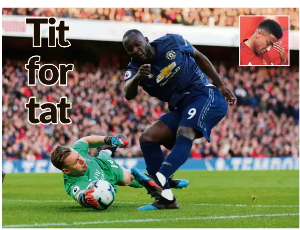  ?? — Reuters ?? Real hero: Arsenal goalkeeper Bernd Leno saving a shot from Manchester United’s Romelu Lukaku during the Premier League match at the Emirates on Sunday. Inset: Jesse Lingard.