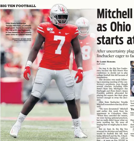  ?? COURTESY OF KIRK IRWIN
OHIO STATE ATHLETICS ?? Ohio State linebacker Teradja Mitchell, a Catholic High grad, hopes to expand his role with the Buckeyes. In two seasons, he’s mostly seen time on special teams.