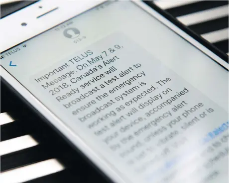  ?? GRAEME ROY/THE CANADIAN PRESS ?? Telus Corp., which has a network sharing agreement with Bell Canada, says technical problems prevented some of its customers from receiving the test messages of the emergency systems to be received on Monday.