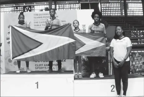  ?? ?? From left, Guyana’s Jasmine Billingy, Malachi Moore, Samara Sukhai and Ebo McNeil were on the podium in the individual singles event.