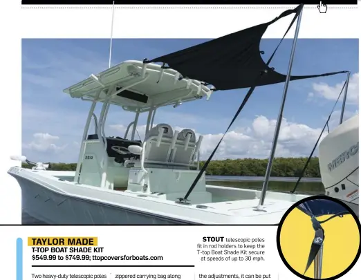  ??  ?? STOUT telescopic poles fit in rod holders to keep the T-top Boat Shade Kit secure at speeds of up to 30 mph.