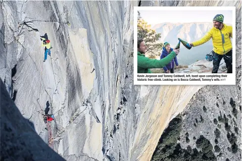  ?? NYT
NYT ?? Kevin Jorgeson and Tommy Caldwell, left, toast upon completing their historic free-climb. Looking on is Becca Caldwell, Tommy’s wife. Tommy Caldwell, top, ascends the final pitch of the Dawn Wall on El Capitan, belayed by his climbing partner Kevin...