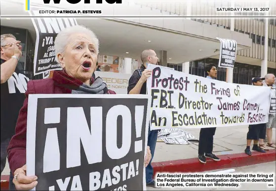  ?? EPA ?? Anti-fascist protesters demonstrat­e against the firing of the Federal Bureau of Investigat­ion director in downtown Los Angeles, California on Wednesday.