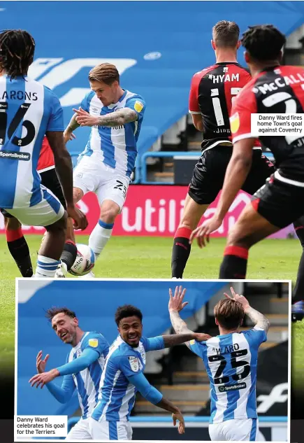  ??  ?? Danny Ward celebrates his goal for the Terriers
Danny Ward fires home Town’s goal against Coventry