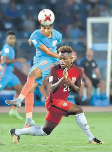  ??  ?? India put up some resistance but USA were far superior and played like a welloiled machine to beat India 30 in their opening match of the FIFA U17 World Cup in New Delhi on Friday. PTI