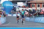  ?? ?? NICOLOSI: Team Bora’s German rider Lennard Kamna celebrates as he crosses the finish line, ahead of Team Trek’s Spanish rider Juan Pedro Lopez (left), to win the 4th stage of the Giro d’Italia 2022 cycling race on May 10, 2022. —AFP