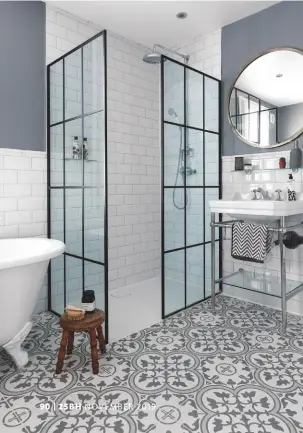  ??  ?? BATHROOM Metal-framed screens and decorative tiles create a bold look. Designer black Shoji Crittall-style 1000mm shower screen, £265.97, Soak.com. Arte floor tiles, £28.99sq m, Tons of Tiles