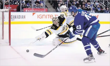  ?? STEVE RUSSELL TORONTO STAR ?? Boston goaltender Tuukka Rask made 30 saves Saturday as the Bruins won the season series over Toronto 3-1 with a 3-2 victory.