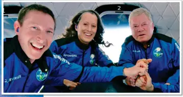  ?? ?? BOLDLY GOING… Shatner bumps fists with his co-passengers on the New Shepard after the spaceship blasts off from Van Horn, Texas, left