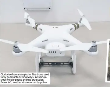  ??  ?? Clockwise from main photo: The drone used to fly goods into Strangeway­s, including a small mobile phone and the drug Spice. Below left, another drone seized by police