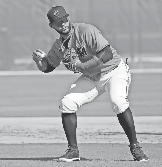  ?? DAVID SANTIAGO/AP ?? Marlins infielder Jonathan Villar will get a long look in center in Grapefruit League play. He has appeared in eight games at the position in his seven-year MLB career. “I’m coming here to help the team,” Villar said.