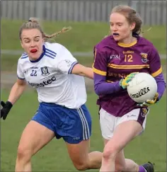  ??  ?? Wexford captain Niamh Butler is challenged by Maeve Monaghan.