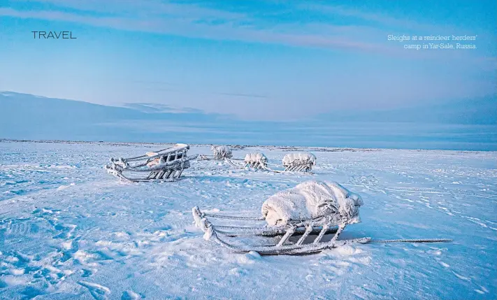  ??  ?? Sleighs at a reindeer herders’ camp in Yar-Sale, Russia.