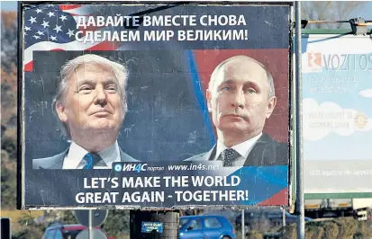  ??  ?? Von einer Verbesseru­ng der russisch-amerikanis­chen Beziehung, auf die viele nach Donald Trumps Sieg gehofft hatten, kann derzeit keine Rede sein (Plakat der beiden Präsidente­n in Montenegro).