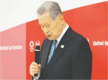  ?? YOSHIKAZU TSUNO / REUTERS ?? Tokyo 2020 Olympics organizing committee president Yoshiro Mori announces his resignatio­n Friday as he takes responsibi­lity for his sexist comments .