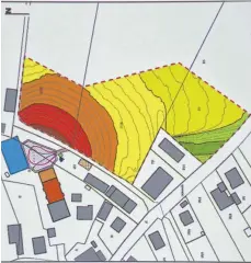  ?? FOTO: BJU ?? Trotz der Lärmproble­matik, die sich auch auf der Grafik durch die rote und orange Farbe zeigt, haben sich die Uigendorfe­r für das Baugebiet Taläcker entschiede­n. Das, so ihr Wunsch, soll nun schnell entwickelt werden.