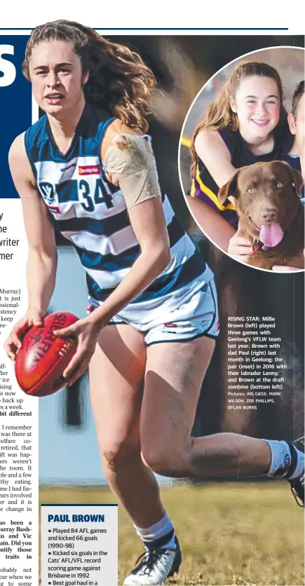  ?? Pictures: ARJ GIESE, MARK WILSON, ZOE PHILLIPS, DYLAN BURNS ?? RISING STAR: Millie Brown (left) played three games with Geelong’s VFLW team last year; Brown with dad Paul (right) last month in Geelong; the pair (inset) in 2016 with their labrador Lenny; and Brown at the draft combine (bottom left).