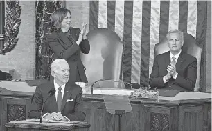  ?? JACK GRUBER/ USA TODAY ?? President Joe Biden gives his State of the Union address Tuesday as Vice President Kamala Harris and House Speaker Kevin McCarthy watch.