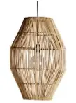  ??  ?? Made from rattan, this long oval lampshade,£175 from Abode Living, channels 1970s retro style with an updated sleek silhouette –perfect for hanging either side of the bed