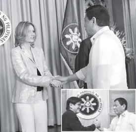  ??  ?? Photos show President Duterte welcoming Monica Louise PrietoTeod­oro at Malacañang for the signing and turnover of a deed of donation to the AFP on Tuesday, and Sen. Gringo Honasan (inset) during a meeting with members of the Reform the Armed Forces...