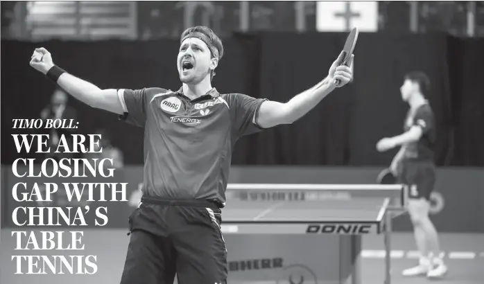  ?? PROVIDED TO CHINA DAILY ?? Timo Boll of Germany reacts after winning the singles semifinal match against Ma Long of China at the 2017 ITTF Men’s World Cup in Liege, Belgium on Oct 22. Timo Boll won 4-3.