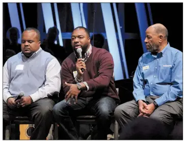  ?? Arkansas Democrat-Gazette/FRANCISCA JONES ?? The Rev. Izah Broadus (center) participat­es in the discussion “What’s It Like to Be an African-American Pastor?” with Chanson Newborn, moderator and pastor of Fellowship Community Church in Forrest City (not pictured); pastors Basil Joiner (not pictured) of St. Paul Missionary Baptist Church in Bay, Roderick Rogers of both Fordyce Community Baptist Church and Bearden Community Baptist Church in Bearden; and Willie Jacobs, head of the convention’s church-planting team, who was a minister for 32 years in the Dallas and Fort Worth area, at the Arkansas Baptist State Convention’s Pastors Conference on Monday.