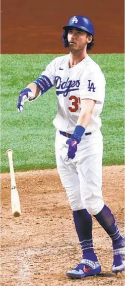  ?? GETTY ?? Cody Bellinger watches seventh-inning shot fly out as Dodgers top Braves in Game 7 to take NLCS Sunday night in Arlington.