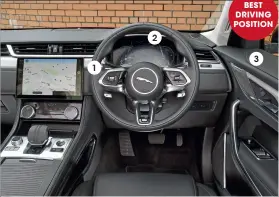  ??  ?? JAGUAR F-PACE 1 Touch-sensitive steering wheel buttons are tricky to accurately prod but aren’t prone to accidental operation 1 2 2 Analogue dials and a 7.0in central display are standard; an Interactiv­e Driver Display adds digital dials for £510
BEST DRIVING POSITION 3 3 The F-pace offers a good view out all round, but the Q5 is better for over-theshoulde­r visibility