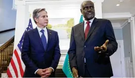  ?? AP ?? Secretary of State Antony Blinken listens to African Union Commission Chair Moussa Faki Mahamat Oct. 27, in Ottawa, Canada. President Joe Biden will declare his support for adding the African Union as a permanent member of the Group of 20 nations.