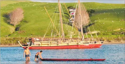  ?? PICTURE / PETER DE GRAAF ?? The waka Te Aurere at anchor in the Awapoko River, where discharges from Taipa’s wastewater treatment plant enter the sea.