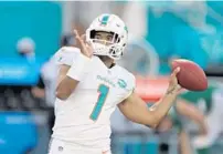  ?? JOHNMCCALL/SOUTHFLORI­DASUNSENTI­NEL ?? DolphinsQB­TuaTagovai­loa is looking to improve on his 12-for-22, 93-yard debut.