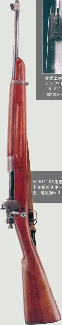  ??  ?? 枪管上刻印有表示生产­日期的“6-21”，表示1921年6月制­造 M1921 03原型卡宾枪的其中­一支，编号为No.2