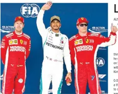  ?? JEROME MIRON-USA TODAY SPORTS ?? FERRARI DRIVER SEBASTIAN VETTEL of Germany (left), Mercedes driver Lewis Hamilton of Great Britain (center), and Ferrari driver Kimi Raikkonen (seven) of Finland wave to the crowd after Hamilton takes the pole position during qualifying for the Unites States Grand Prix at Circuit of the Americas.