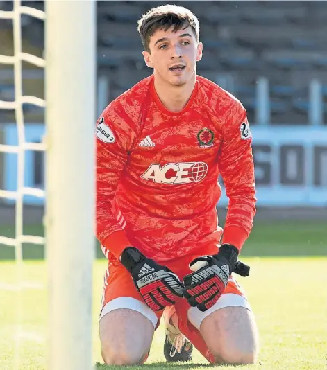  ??  ?? LOAN MAN: Ryan Mullen was delighted to be back in action between the sticks during Cove Rangers’ pre-season friendly match against Dundee at Dens Park.