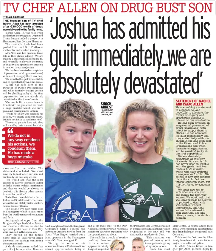  ??  ?? SHOCK ARREST Rachel Allen with her son Joshua, 18