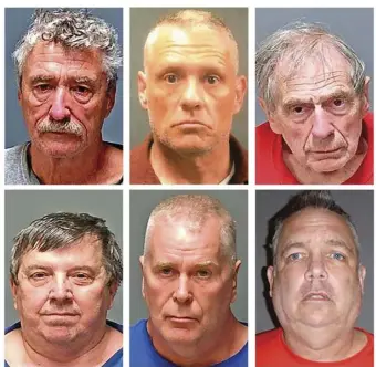  ?? ATTORNEY GENERAL’S OFFICE VIA AP
NEW HAMPSHIRE ?? This combo of undated handout booking photo provided by the New Hampshire Attorney General’s office shows, from top row left, Bradley Asbury, Jeffrey Buskey and Frank Davis; bottom row from left, Lucien Poulette, James Woodlock and Stephen Murphy. The six men were arrested Wednesday, in connection with sexual abuse allegation­s at New Hampshire’s staterun youth detention center, the attorney general’s office said.