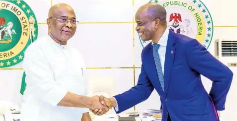  ?? ?? Governor of Imo State, Hope Uzodimma ( left); receives the Managing Director/ CEO of Polaris Bank, Adekunle Sonola who paid a working visit to the Governor’s office in Owerri... yesterday.