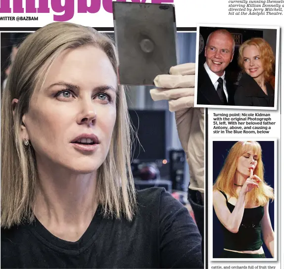  ?? Picture: MARC BRENNER ?? Turning point: Nicole Kidman with the original Photograph 51, left. With her beloved father Antony, above, and causing a stir in The Blue Room, below