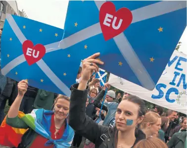  ??  ?? The Young European Movement demonstrat­e to keep Scotland in the EU — Brexit is just one of the times when Scotland’s political will has been overruled, says Robertson