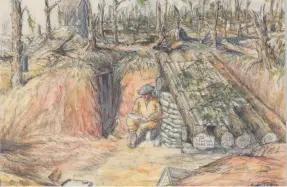  ?? ?? Anne Topham’s nephew, William Topham (1888–1966), became an official war artist. Among his paintings was this which depicted his “home” while serving on the Somme, which was later destroyed by shell fire. He wrote “My home at Bottom Wood – about 1/2 way between Mametz and Contalmais­on, in the trench the entrance to an old German dugout can be seen. The corrugated iron roof is covered by branches to conceal it from aircraft.” The painting is on display in the Canadian War Museum, Ottawa