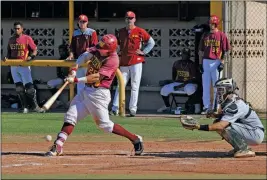  ?? PHOTO BY BRIAN FOGG/YUMA SUN ?? SPENCER PACKARD makes contact late in the game against Central Arizona. Packard and the Matadors won 15-5 after seven innings.