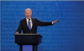  ??  ?? Democratic candidate Joe Biden speaks during the final presidenti­al debate in Nashville, Tennessee, on 22 October 2020. Photograph: Brendan Smialowski/AFP/Getty Images