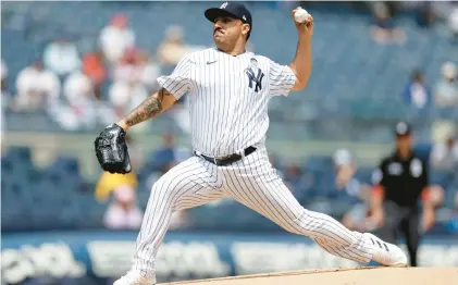  ?? ADAM HUNGER/AP ?? New York Yankees pitcher Nestor Cortes has never reached 100 innings in a major league season, but he’s already at 79 this season.